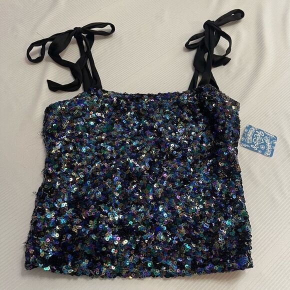 NWT Free People Intimately Hey Girl Tie Strap Sequin Cami Top in Night Sz Small - Picture 3 of 8